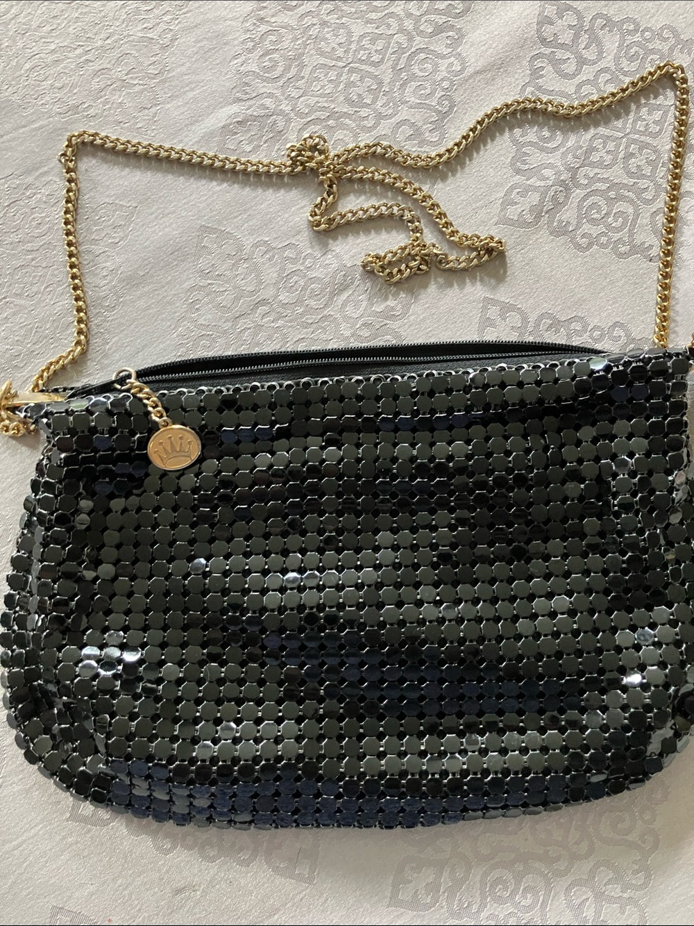 La Regale Black Sequin Shoulder Bag with Gold Chain